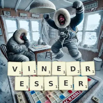 Creative illustration for a Scrabble game with the word VINEDRESSER spelled out in tiles on the board.