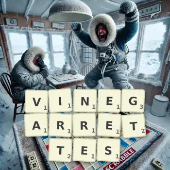 Creative illustration for a Scrabble game with the word VINEGARRETTES spelled out in tiles on the board.