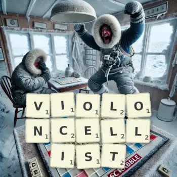 Creative illustration for a Scrabble game with the word VIOLONCELLIST spelled out in tiles on the board.