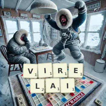 Creative illustration for a Scrabble game with the word VIRELAI spelled out in tiles on the board.