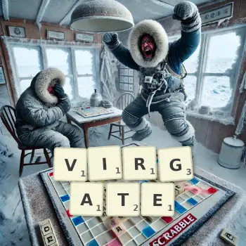 Creative illustration for a Scrabble game with the word VIRGATE spelled out in tiles on the board.
