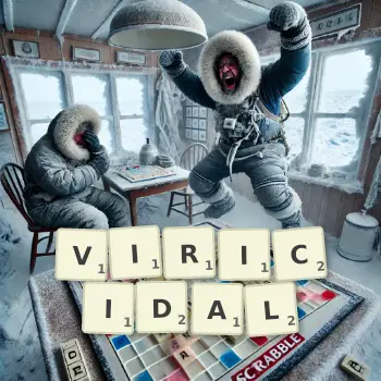 Creative illustration for a Scrabble game with the word VIRICIDAL spelled out in tiles on the board.
