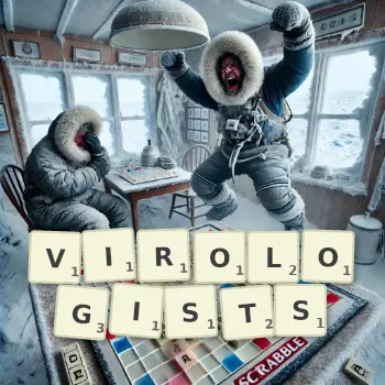Creative illustration for a Scrabble game with the word VIROLOGISTS spelled out in tiles on the board.