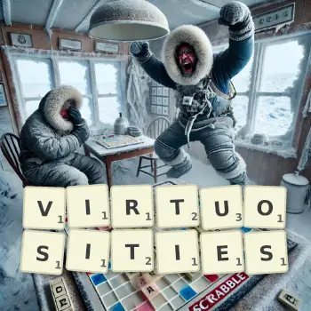Creative illustration for a Scrabble game with the word VIRTUOSITIES spelled out in tiles on the board.