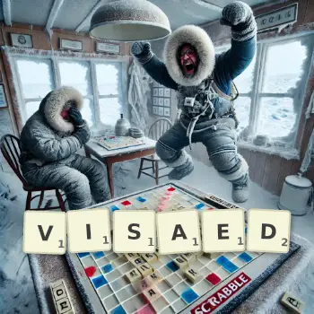 Creative illustration for a Scrabble game with the word VISAED spelled out in tiles on the board.