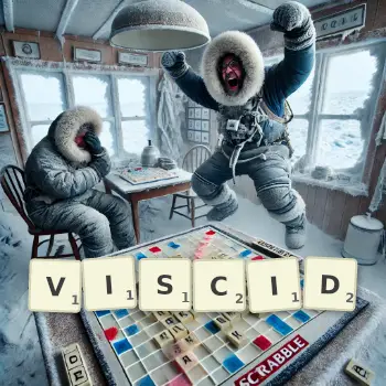 Creative illustration for a Scrabble game with the word VISCID spelled out in tiles on the board.