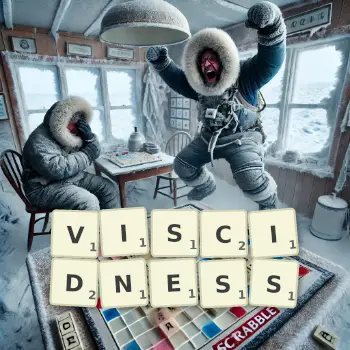 Creative illustration for a Scrabble game with the word VISCIDNESS spelled out in tiles on the board.