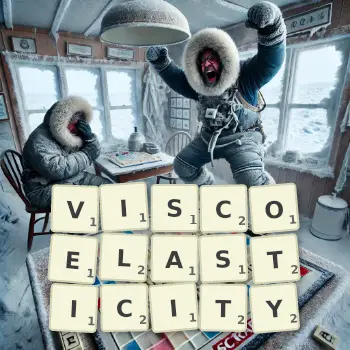 Creative illustration for a Scrabble game with the word VISCOELASTICITY spelled out in tiles on the board.