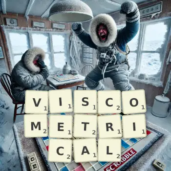Creative illustration for a Scrabble game with the word VISCOMETRICAL spelled out in tiles on the board.