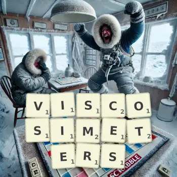 Creative illustration for a Scrabble game with the word VISCOSIMETERS spelled out in tiles on the board.