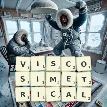 Creative illustration for a Scrabble game with the word VISCOSIMETRICAL spelled out in tiles on the board.