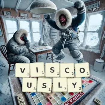 Creative illustration for a Scrabble game with the word VISCOUSLY spelled out in tiles on the board.