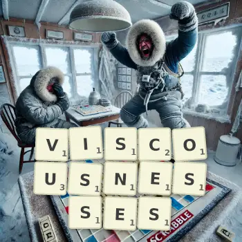 Creative illustration for a Scrabble game with the word VISCOUSNESSES spelled out in tiles on the board.