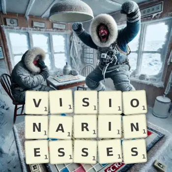 Creative illustration for a Scrabble game with the word VISIONARINESSES spelled out in tiles on the board.