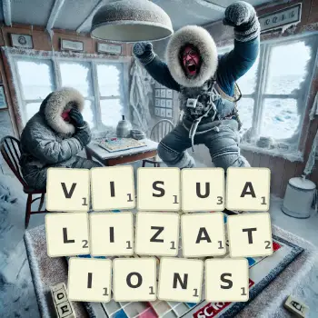 Creative illustration for a Scrabble game with the word VISUALIZATIONS spelled out in tiles on the board.