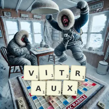 Creative illustration for a Scrabble game with the word VITRAUX spelled out in tiles on the board.