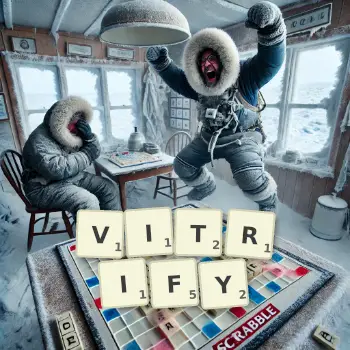 Creative illustration for a Scrabble game with the word VITRIFY spelled out in tiles on the board.