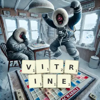 Creative illustration for a Scrabble game with the word VITRINE spelled out in tiles on the board.
