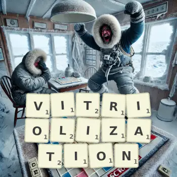 Creative illustration for a Scrabble game with the word VITRIOLIZATION spelled out in tiles on the board.