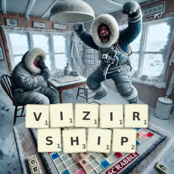 Creative illustration for a Scrabble game with the word VIZIRSHIP spelled out in tiles on the board.