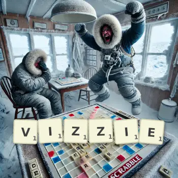 Creative illustration for a Scrabble game with the word VIZZIE spelled out in tiles on the board.