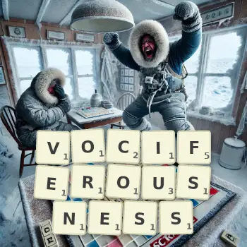 Creative illustration for a Scrabble game with the word VOCIFEROUSNESS spelled out in tiles on the board.