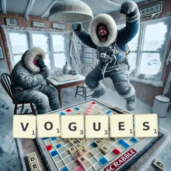 Creative illustration for a Scrabble game with the word VOGUES spelled out in tiles on the board.