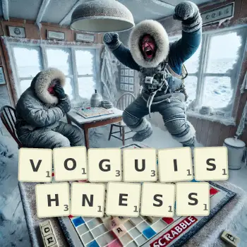 Creative illustration for a Scrabble game with the word VOGUISHNESS spelled out in tiles on the board.