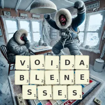 Creative illustration for a Scrabble game with the word VOIDABLENESSES spelled out in tiles on the board.