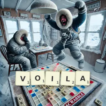 Creative illustration for a Scrabble game with the word VOILA spelled out in tiles on the board.
