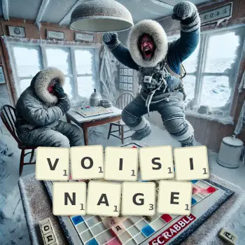 Creative illustration for a Scrabble game with the word VOISINAGE spelled out in tiles on the board.