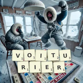 Creative illustration for a Scrabble game with the word VOITURIER spelled out in tiles on the board.