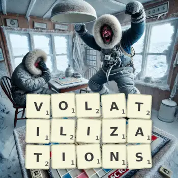 Creative illustration for a Scrabble game with the word VOLATILIZATIONS spelled out in tiles on the board.