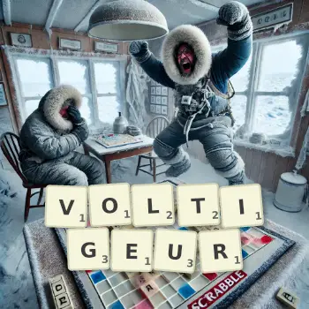 Creative illustration for a Scrabble game with the word VOLTIGEUR spelled out in tiles on the board.