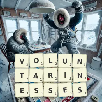 Creative illustration for a Scrabble game with the word VOLUNTARINESSES spelled out in tiles on the board.