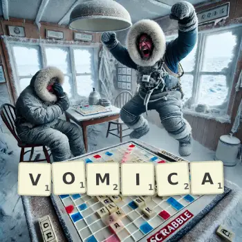 Creative illustration for a Scrabble game with the word VOMICA spelled out in tiles on the board.