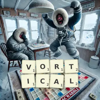 Creative illustration for a Scrabble game with the word VORTICAL spelled out in tiles on the board.