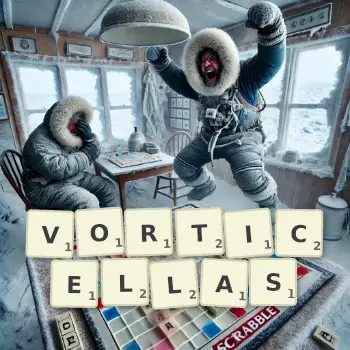 Creative illustration for a Scrabble game with the word VORTICELLAS spelled out in tiles on the board.
