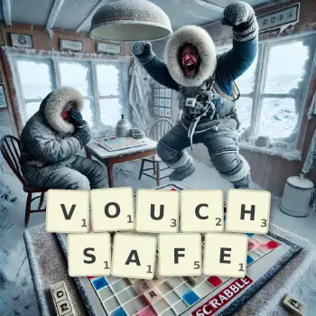Creative illustration for a Scrabble game with the word VOUCHSAFE spelled out in tiles on the board.