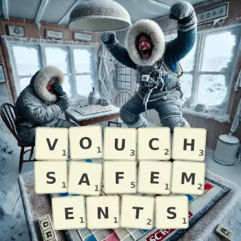 Creative illustration for a Scrabble game with the word VOUCHSAFEMENTS spelled out in tiles on the board.
