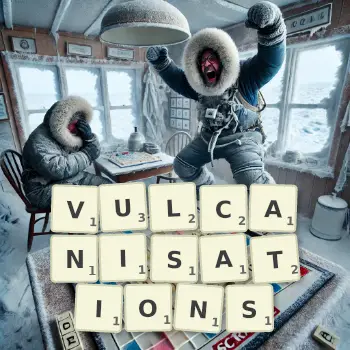 Creative illustration for a Scrabble game with the word VULCANISATIONS spelled out in tiles on the board.