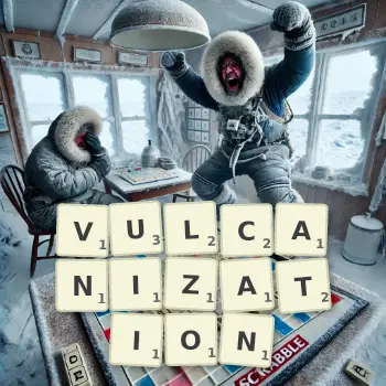 Creative illustration for a Scrabble game with the word VULCANIZATION spelled out in tiles on the board.