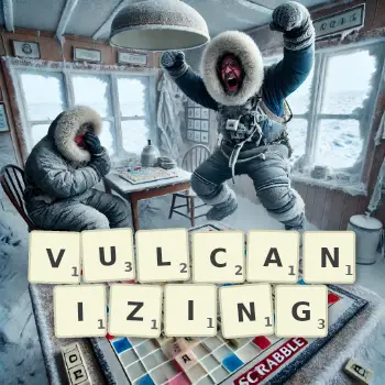 Creative illustration for a Scrabble game with the word VULCANIZING spelled out in tiles on the board.