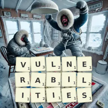 Creative illustration for a Scrabble game with the word VULNERABILITIES spelled out in tiles on the board.
