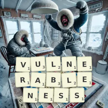 Creative illustration for a Scrabble game with the word VULNERABLENESS spelled out in tiles on the board.