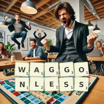Creative illustration for a Scrabble game with the word WAGGONLESS spelled out in tiles on the board.