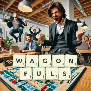 Creative illustration for a Scrabble game with the word WAGONFULS spelled out in tiles on the board.
