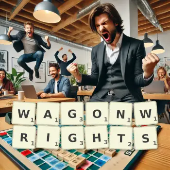 Creative illustration for a Scrabble game with the word WAGONWRIGHTS spelled out in tiles on the board.