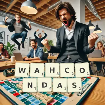 Creative illustration for a Scrabble game with the word WAHCONDAS spelled out in tiles on the board.