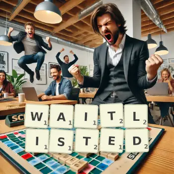 Creative illustration for a Scrabble game with the word WAITLISTED spelled out in tiles on the board.